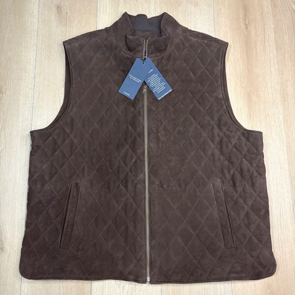 Roundtree & Yorke Mens XXL Brown Goat Suede Quilted Craftsman Vest NWT Full Zip